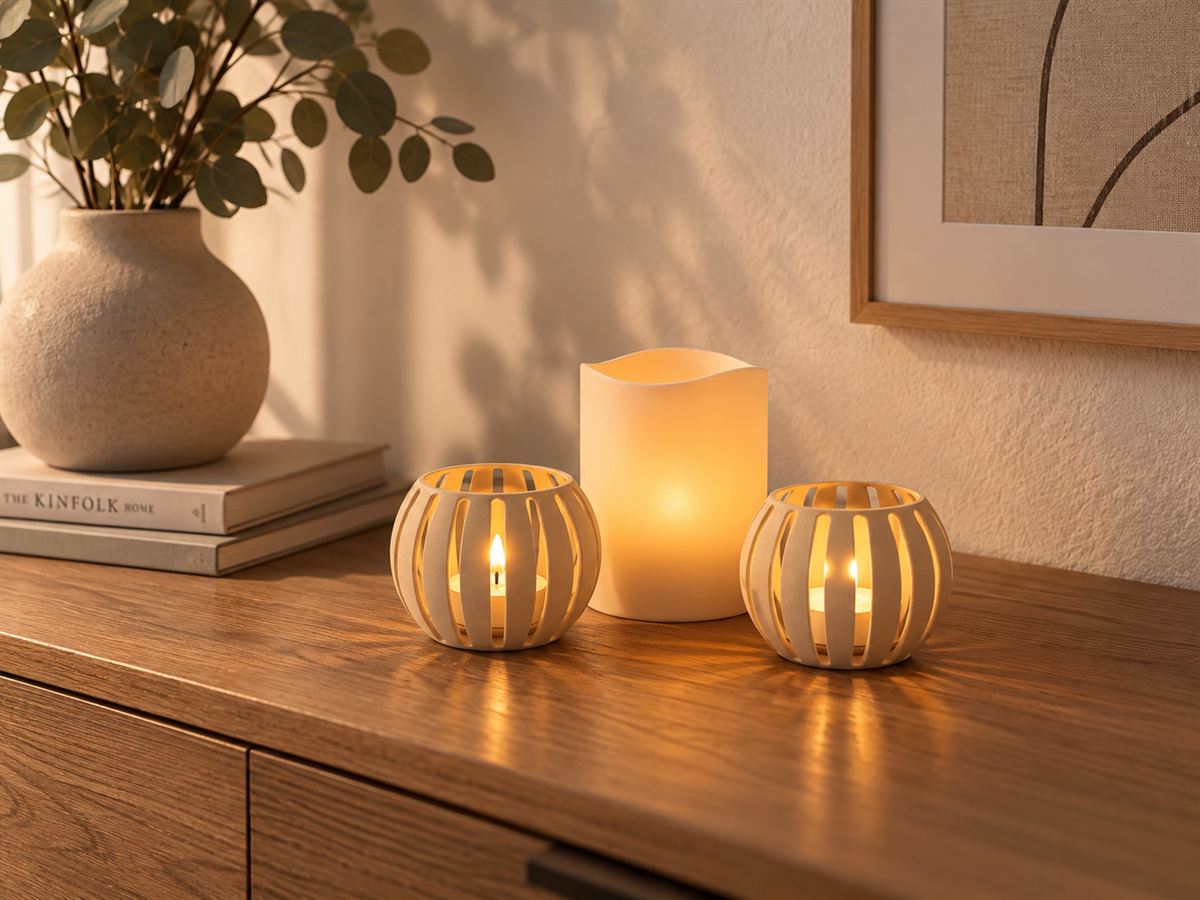 Zwei runde, hell gerippte Teelichthalter mit warm leuchtenden LED-Teelichtern auf einer Holzkommode, dazwischen eine LED-Kerze